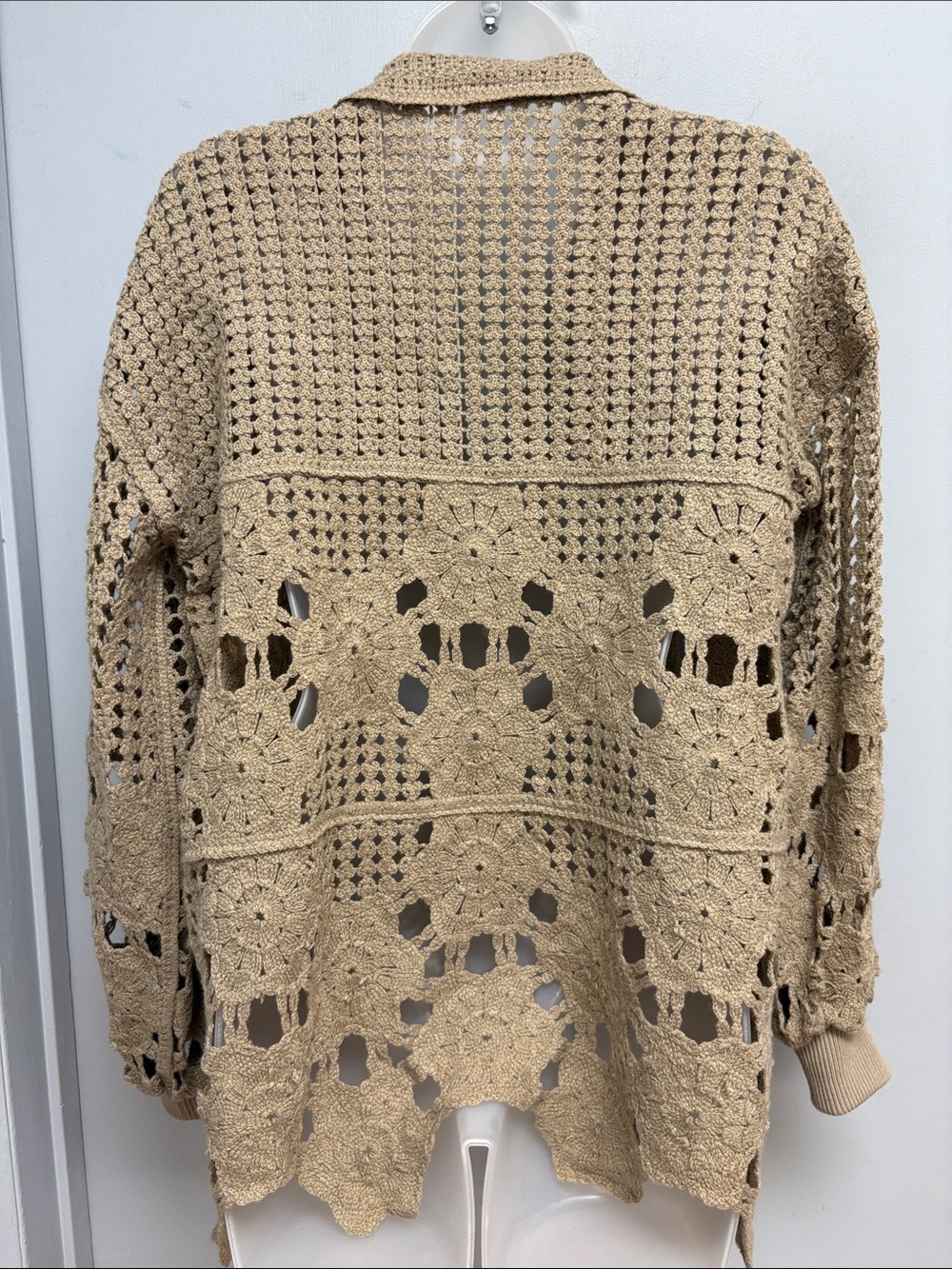 Soft Surroundings Crochet Open Knit Sweater Taupe Boho Collared Pullover XS - Picture 2 of 9